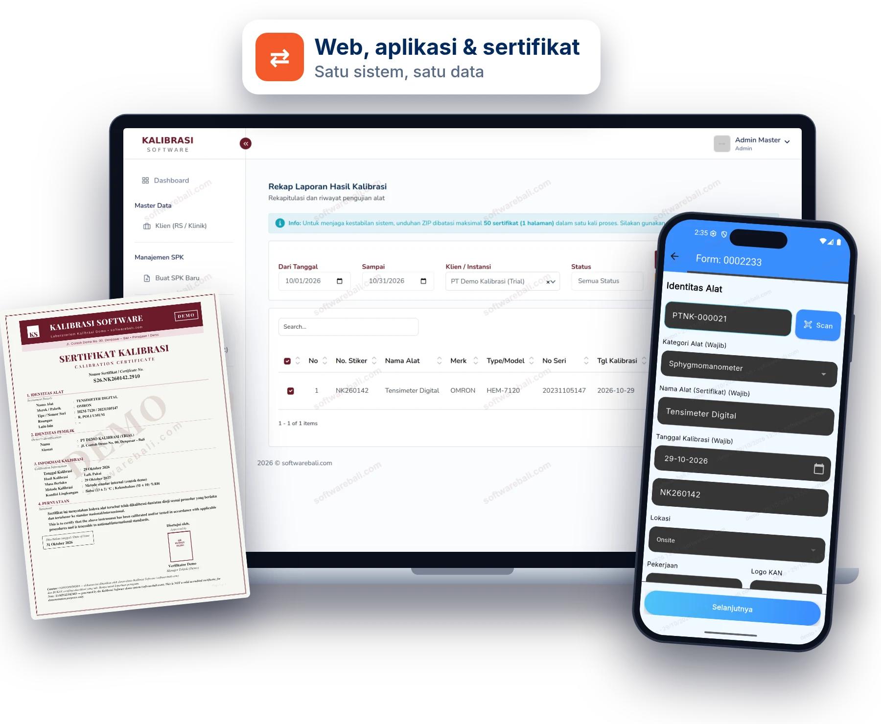 Sistem kalibrasi buatan SoftwareBali: dashboard web, aplikasi teknisi Android, dan sertifikat yang terbit otomatis